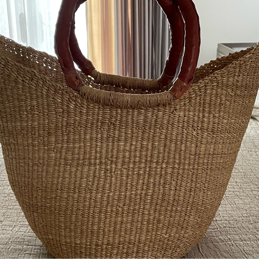 S. African Handmade Straw Genuine Leather Camel Large Tote Bag NWOT New! - Picture 2 of 11